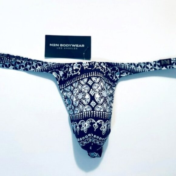 N2N Bodywear Size “XL” Provence T-Back Thong - Navy/White Batik Design - Picture 10 of 14
